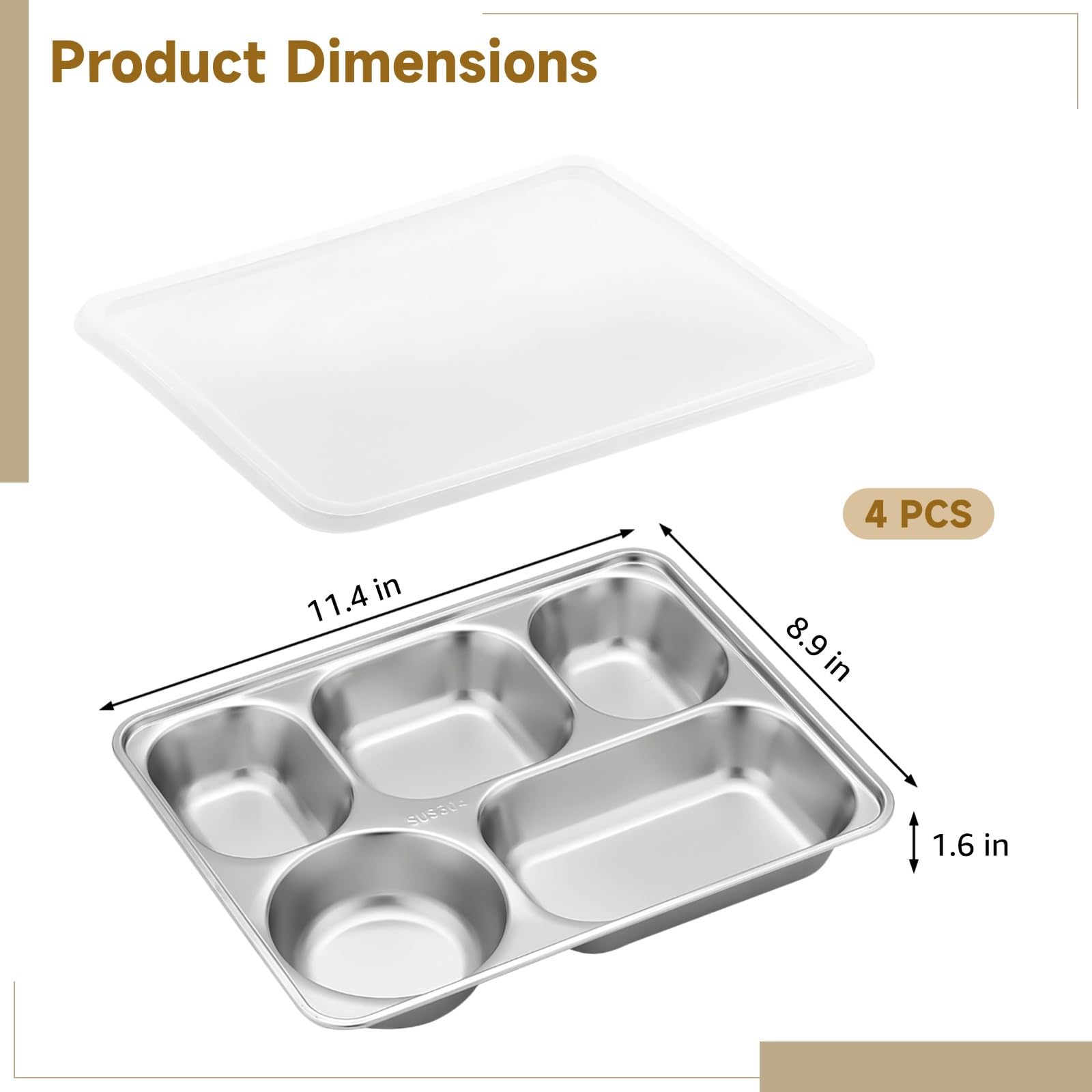 Lot de 4 assiettes à bento en acier inoxydable, 5 compartiments avec couvercle, solution de stockage alimentaire, plateaux divisés réutilisables pour le déjeuner, le travail, les pique-niques