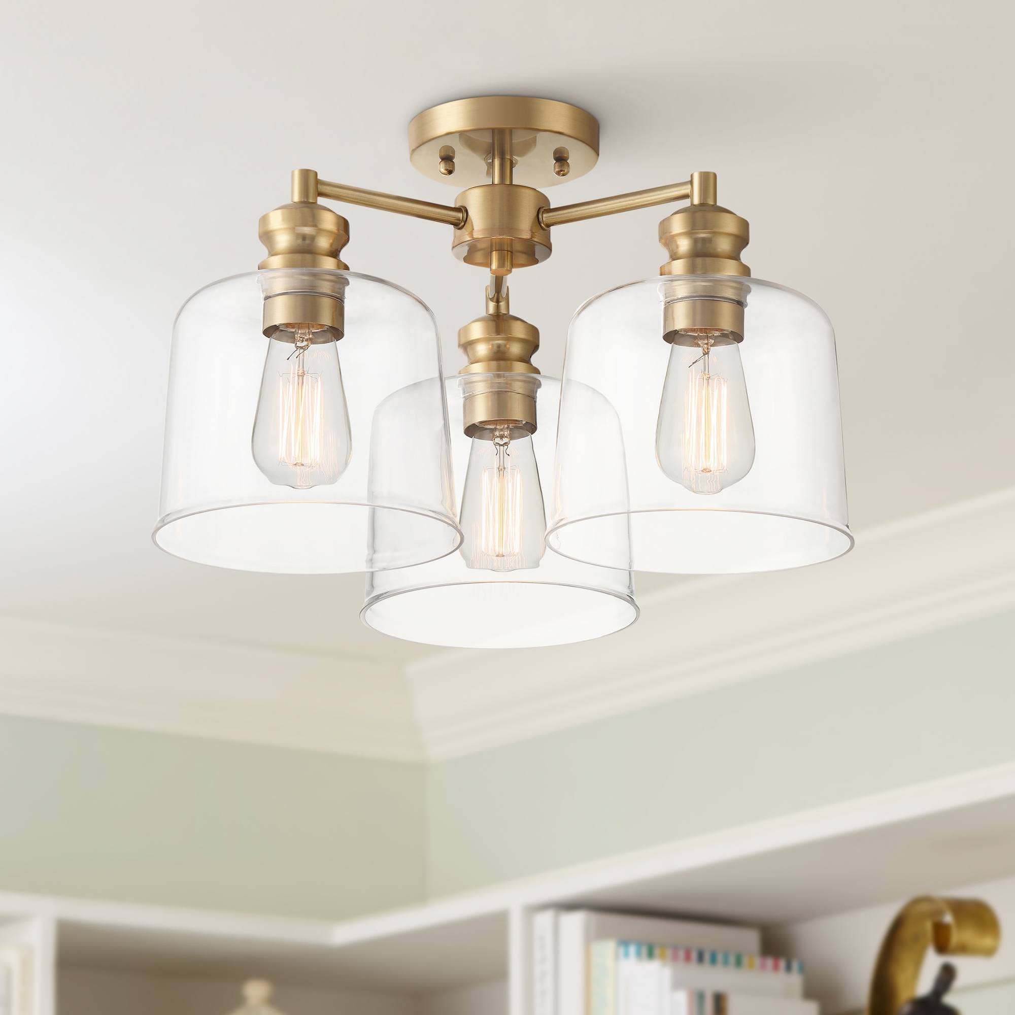 Possini Euro DesignJaya Modern Industrial Ceiling Light Semi Flush-Mount Fixture 18" Wide Satiny Gold Metal 3-Light Clear Glass Shades for Bedroom Kitchen Living Room Hallway Bathroom House Home