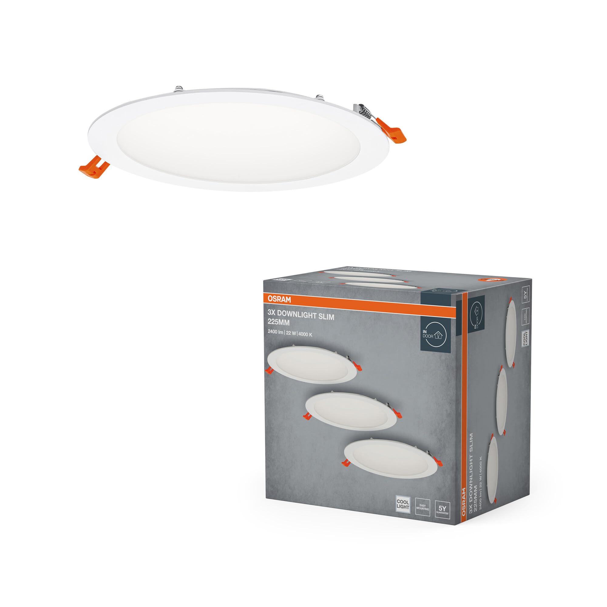 OSRAM Foco empotrable LED Essential Slim 225 mm 22 W 4000 K Blanco | LED spot and downlight recess slim, Spot lights and ceiling spots, Blanco, 225 mm dia, 25000 h, Paquete de 3