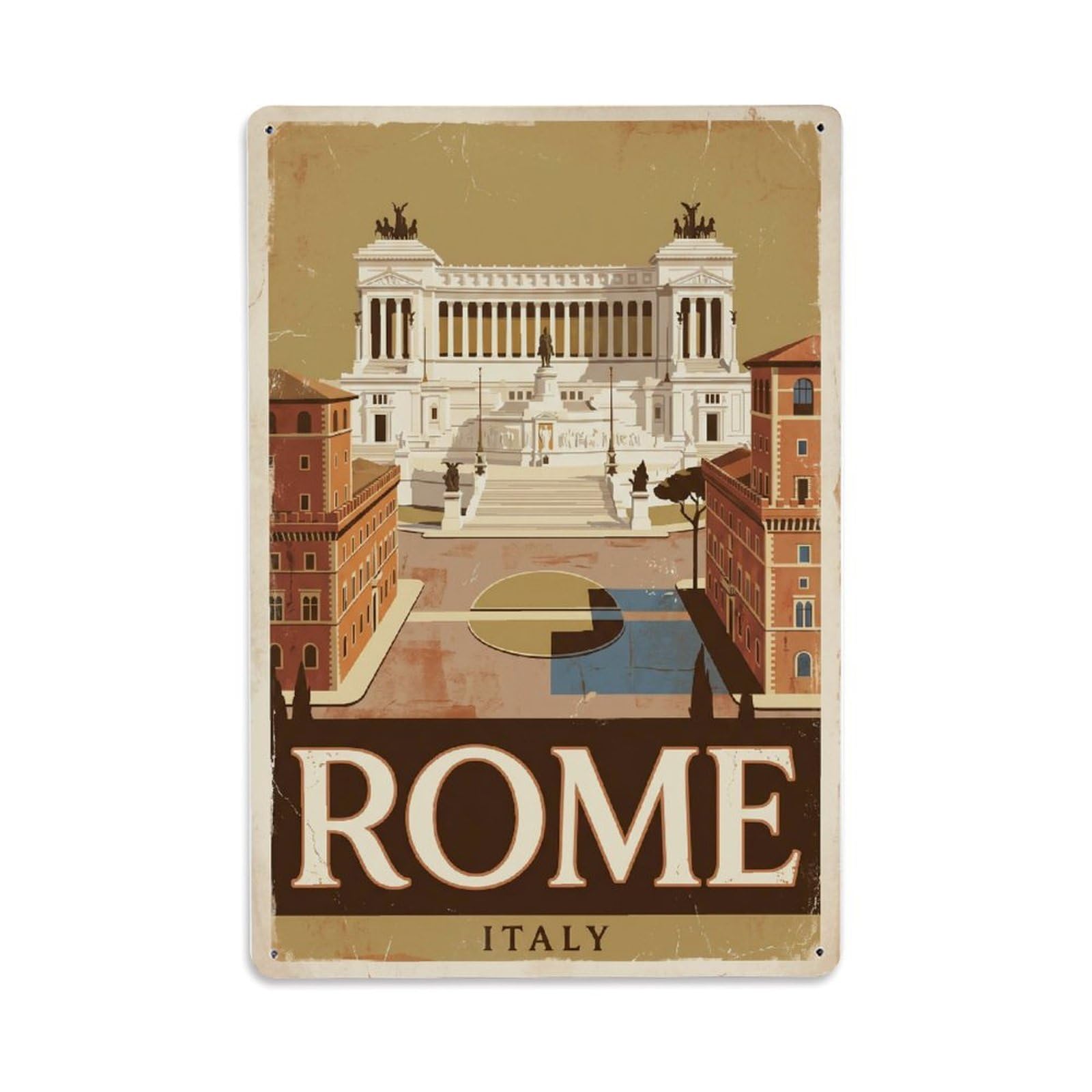 Vintage Travel Rome Piazza Venezia Monument Victor Emmanuel Rusted Italy Metal Tin Sign Plaque Wall Decor for Cafe, Club Bar, Office, Home Garden Metal Poster 8x12Inch