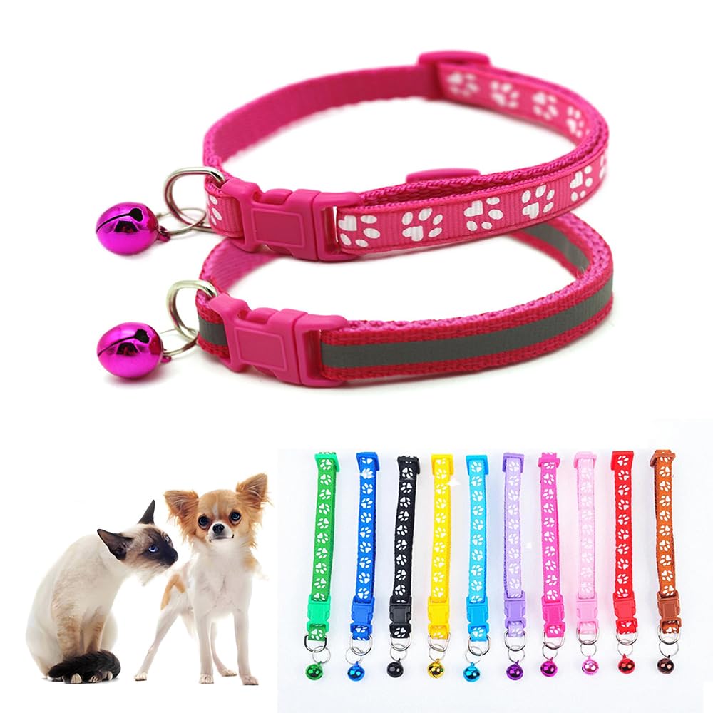 Puppy Collar with Bell, Reflective Nylon Metal Buckle Cat Collar with Bells for XS XXS Tiny Teacup Pet Dogs Girl Kitten Boy Small Animal Hot Pink