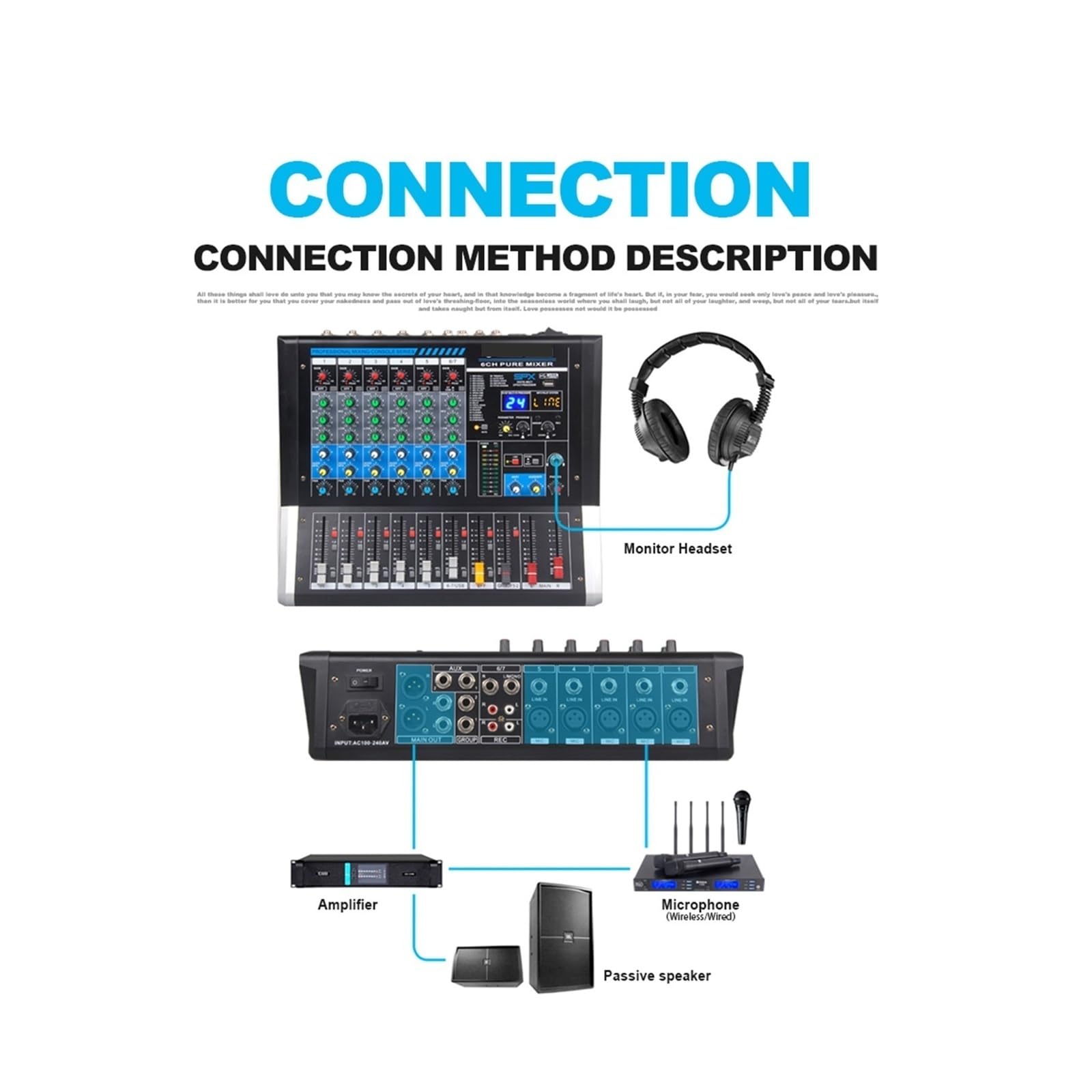 Mezclador de audio, Mezclador de 6 canales, controlador DJ, placa sonido con 24 efectos DSP USB for estudio grabación