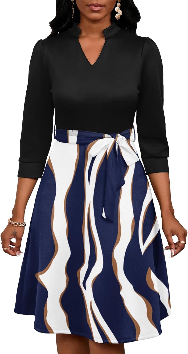 Women's Casual Flowy A-Line Midi Dress Flared V-Neck Colorblock Print for Wedding Guest 3/4 Sleeve Dress with Belt