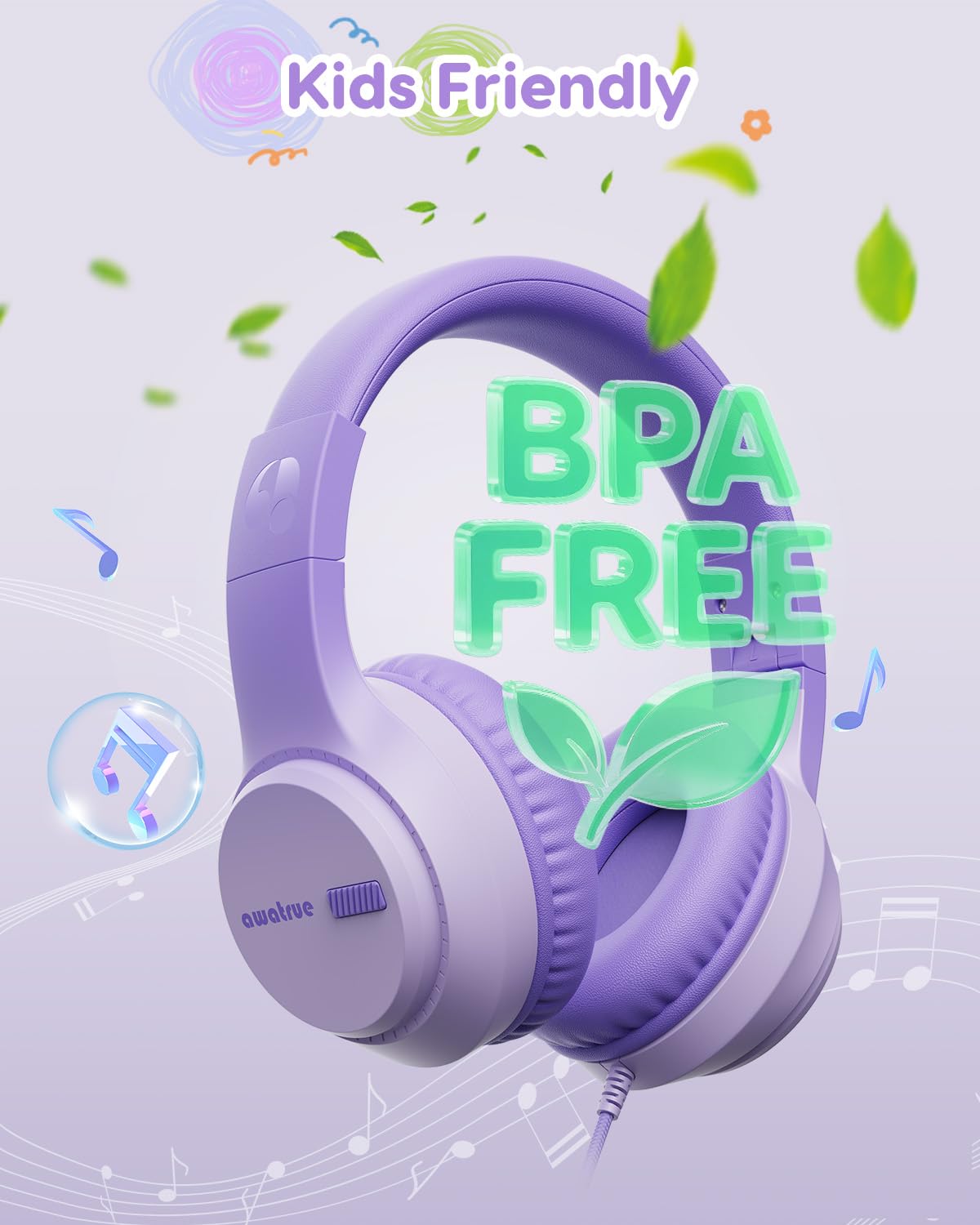 awatrue Audio Enfant, 74/85/94dB Volume Sécurisé Casque Filaire Enfant, Son Stéréo, Pliable, 3.5 mm Jack Over Ear Casque pour Enfants pour Ipad/Voyage/Tablette/Téléphone (Violet)