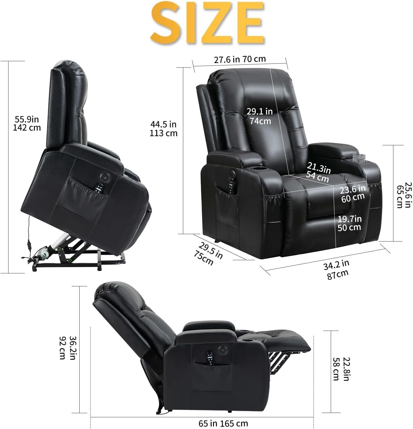 Breathable Leather Power Lift Recliner for Elderly, Black Electric Lift Chair with Heated Vibration Massage, Heavy Duty Recliner with Side Pockets, USB Port & Cup Holders