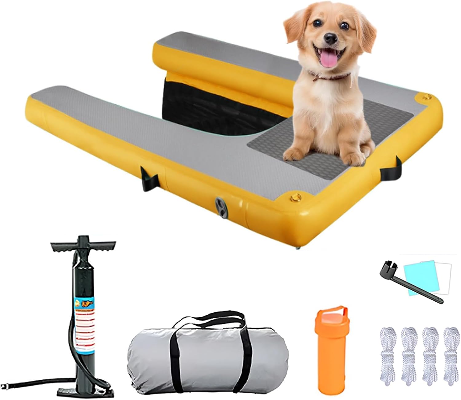 ERRULAN Inflatable Dog Water Ramp 60×40"/150x100 Cm, Heavy Duty Dog Boat Ladder for Dogs Up to 230LBS, Non-Slip EVA Floating Ladder Pool Ramp for Pool, Lake, Dock & Boat(Yellow)