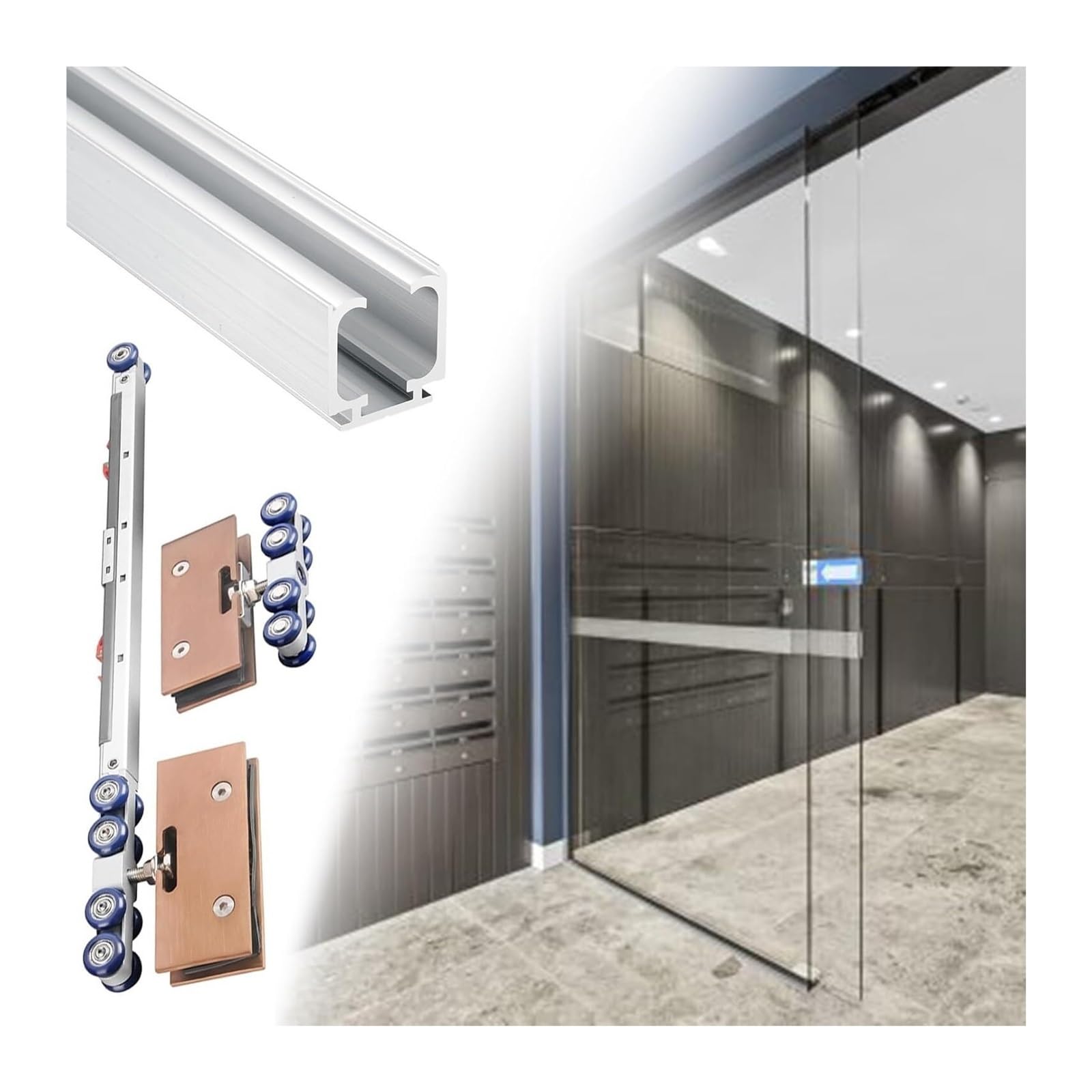 PALSINBY Sliding Glass Door Track Kit, Glass Door Track Soft Close 8 Wheel 80kg Aluminum 8-12mm(Silver-white,3.4m/11.2ft)
