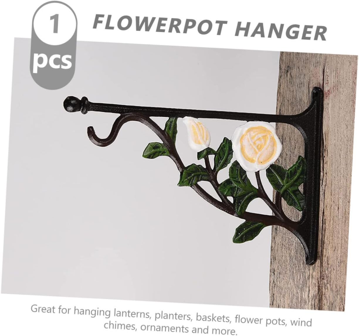 Iron Hanging Basket Hook with White Rose Design, Wall Mounted Flowerpot Bracket for Bird Feeder and Wind Chime, Sturdy Cast Iron Plant Hanger for Indoor and Outdoor Garden Decor