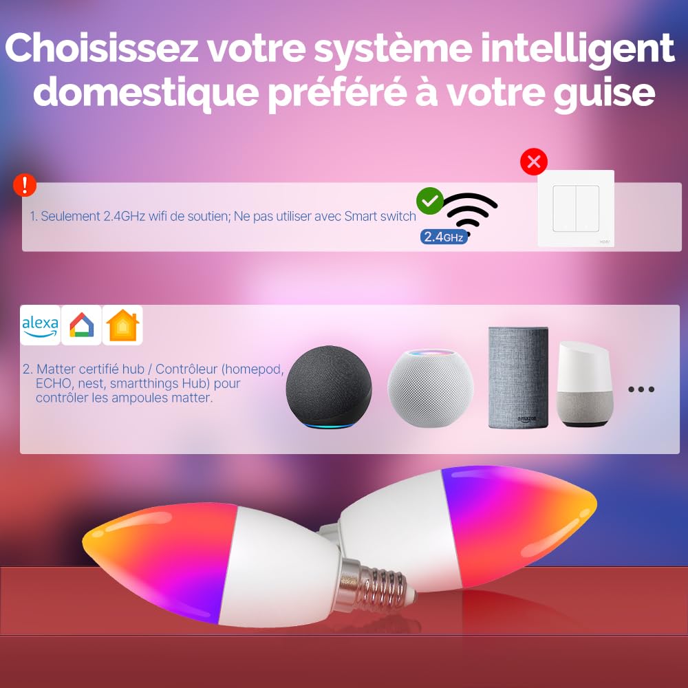 MOES Ampoule Intelligente RGB E14 Matter 6W 470LM, 4 Pcs