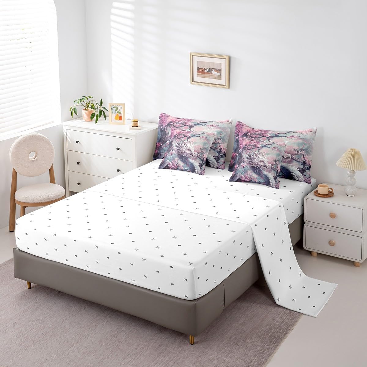 Feelyou White Dragon Full Bed in a Bag 7 Pieces Comforter Sets with Comforter and Sheets All Season Exotic Dragon Bedding Sets with Comforter, Pillowcases, Flat Sheet, Fitted Sheet and Cushion Cover