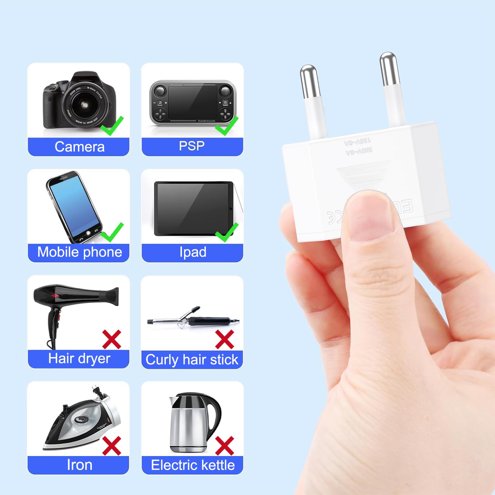 4 Pièces Adaptateur Prise USA vers France, Adaptateur Prise US vers EU (2 Broches) Prise Type A vers Type E/F pour Voyage Les États-Unis/Canada/Chine/Japon vers la France/l'europe - Blanc