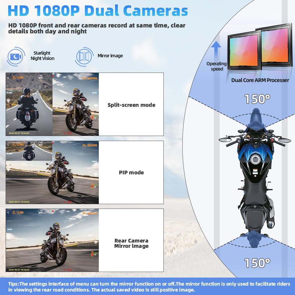 VSYSTO bezprzewodowa kamera samochodowa CarPlay do motocykli z ekranem dotykowym 5", nawigacją GPS, monitorowaniem parkowania, WiFi, przednią i tylną kamerą 1080p oraz czujnikami ciśnienia w oponach