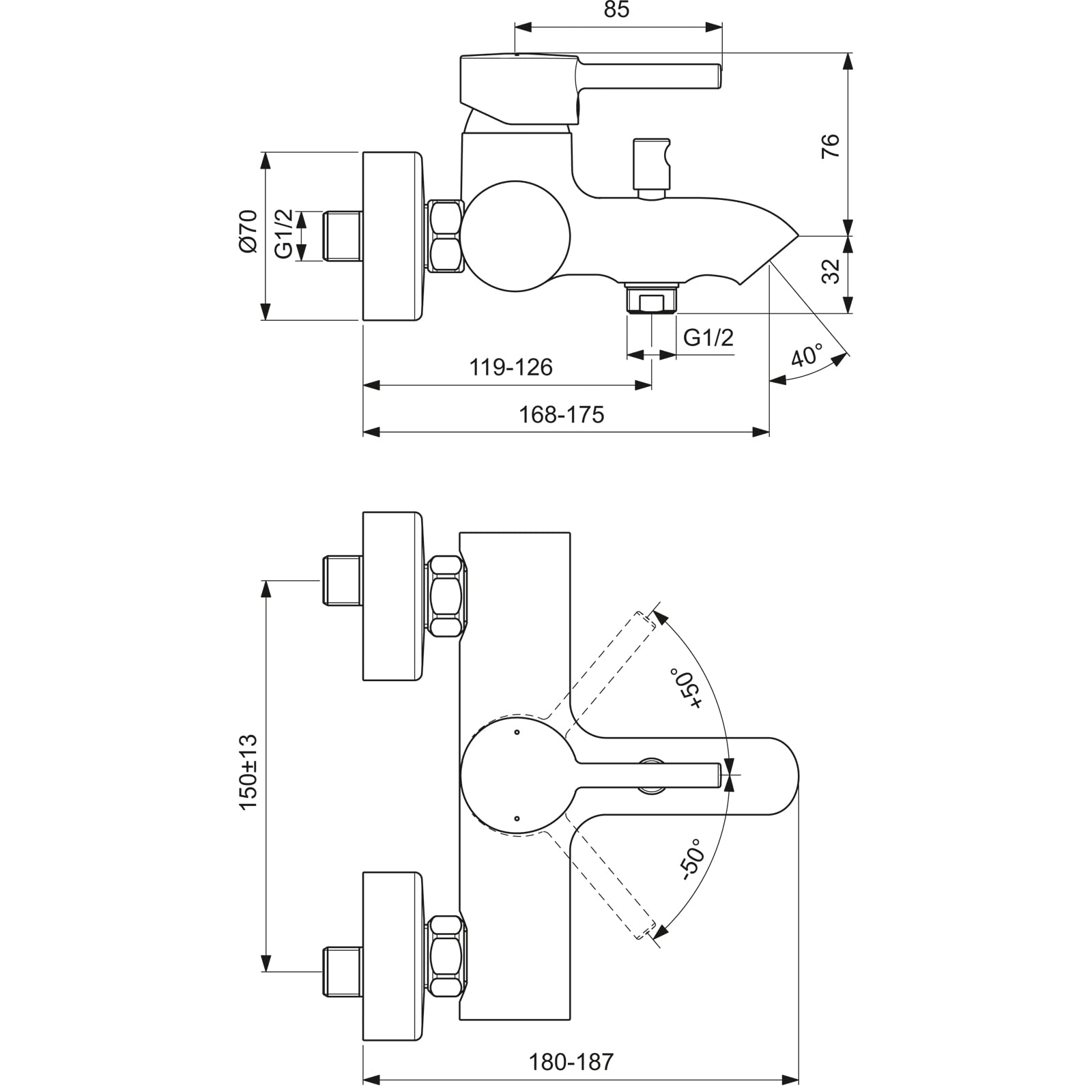 Ideal Standard - Ceraline, Miscelatore monocomando esterno per vasca, Nero Seta