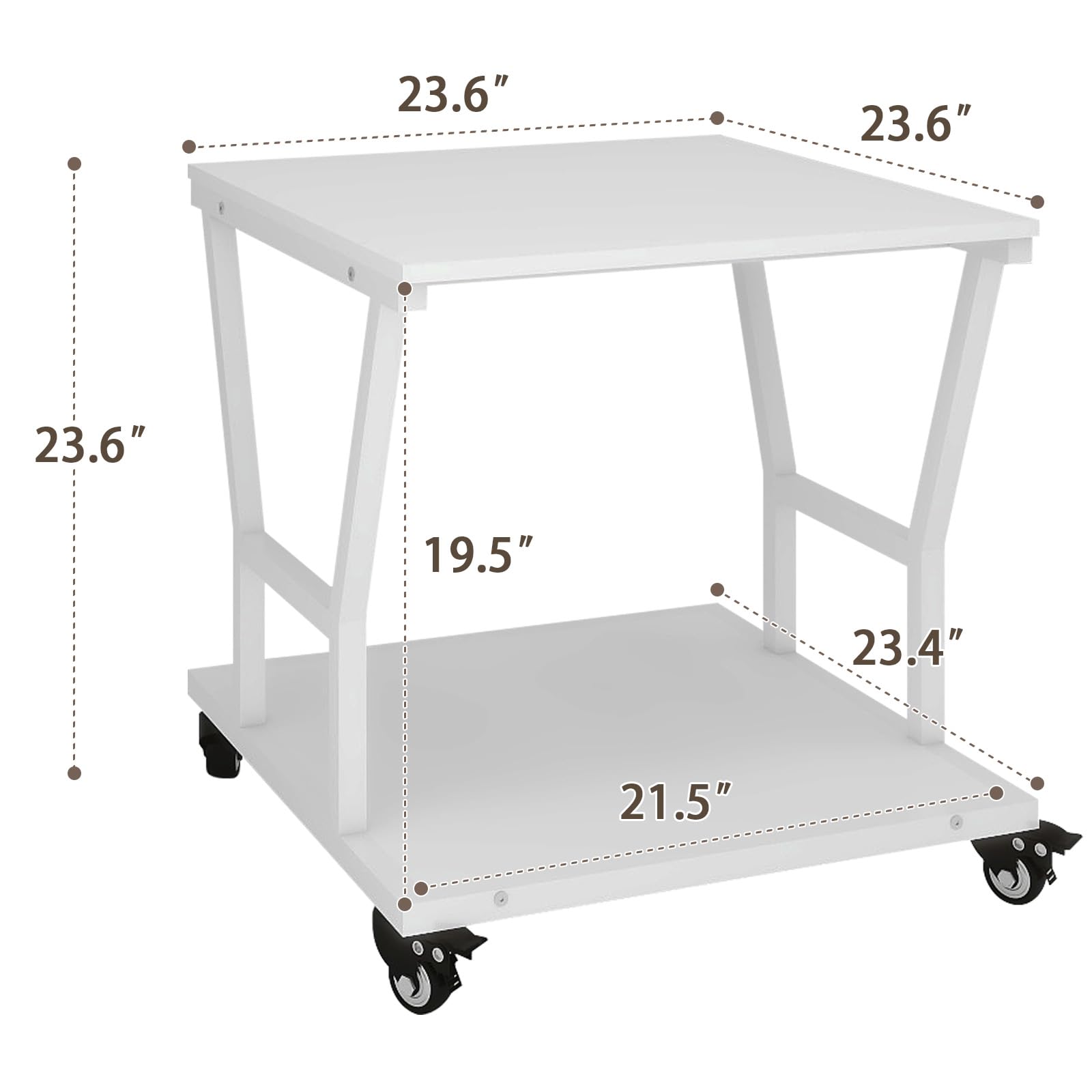 Natwind 2 Tier Large Printer Stand, 23.6''x23.6''x23.6'' Heavy Duty Printer Table, Copier Stand with Wheels and Paper Storage Shelf for Home Office (White)