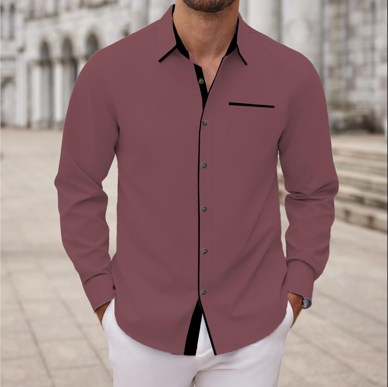 FINAXO FASHION Men's Cotton Blend Shirt, Black with Red Trim, Long Sleeve, Regular Fit (in, Alpha, L, Peach) 3