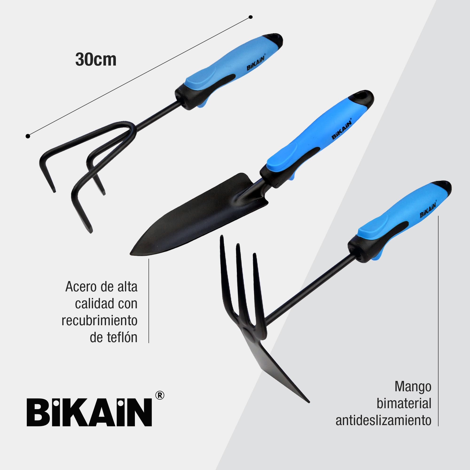 BIKAIN - Kit per giardinaggio e orticoltura - Include pala larga, piccone + forca e coltivatore - Manici ergonomici e antiscivolo - Utensili in acciaio - Utensili da giardinaggio