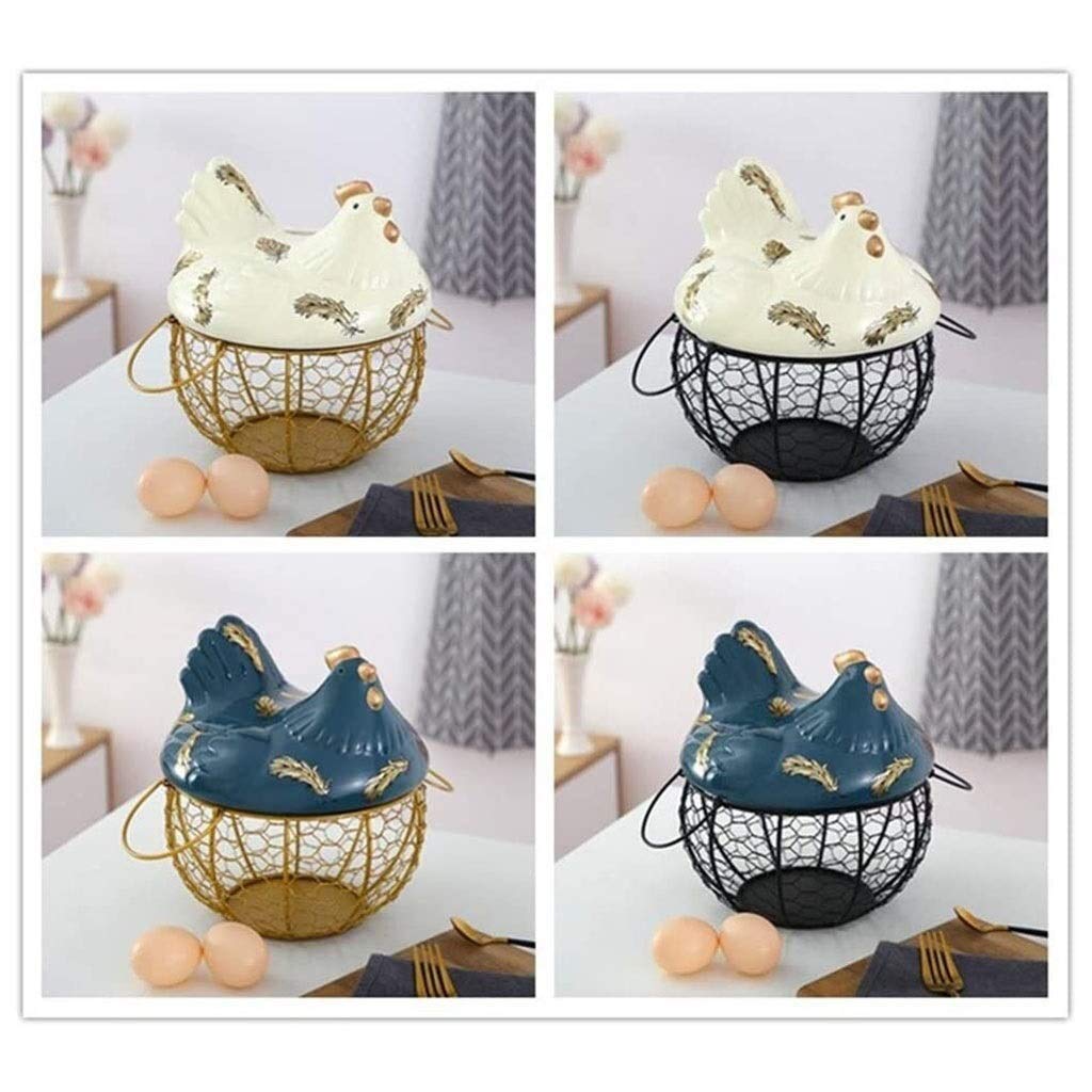 Panier De Rangement Céramique Forme Poule - Avec Couvercle - Pour Fruits, œufs, Petits Objets - Déco Cuisine Blanc Et Doré