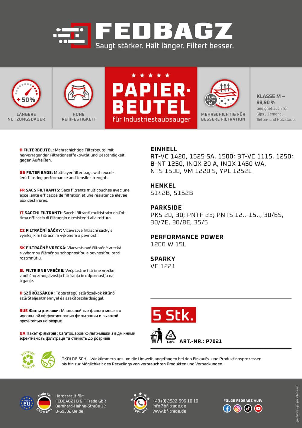 5 sacchetti per aspirapolvere di carta per Parkside PNTS 1250, 1250/9, PNTS 1300 A1 B2 C3 D3 E4 F5 PWD 12 A1, PAS 500 D3 multistrato, resistenti agli strappi, 50% più lunga durata, sacchetti