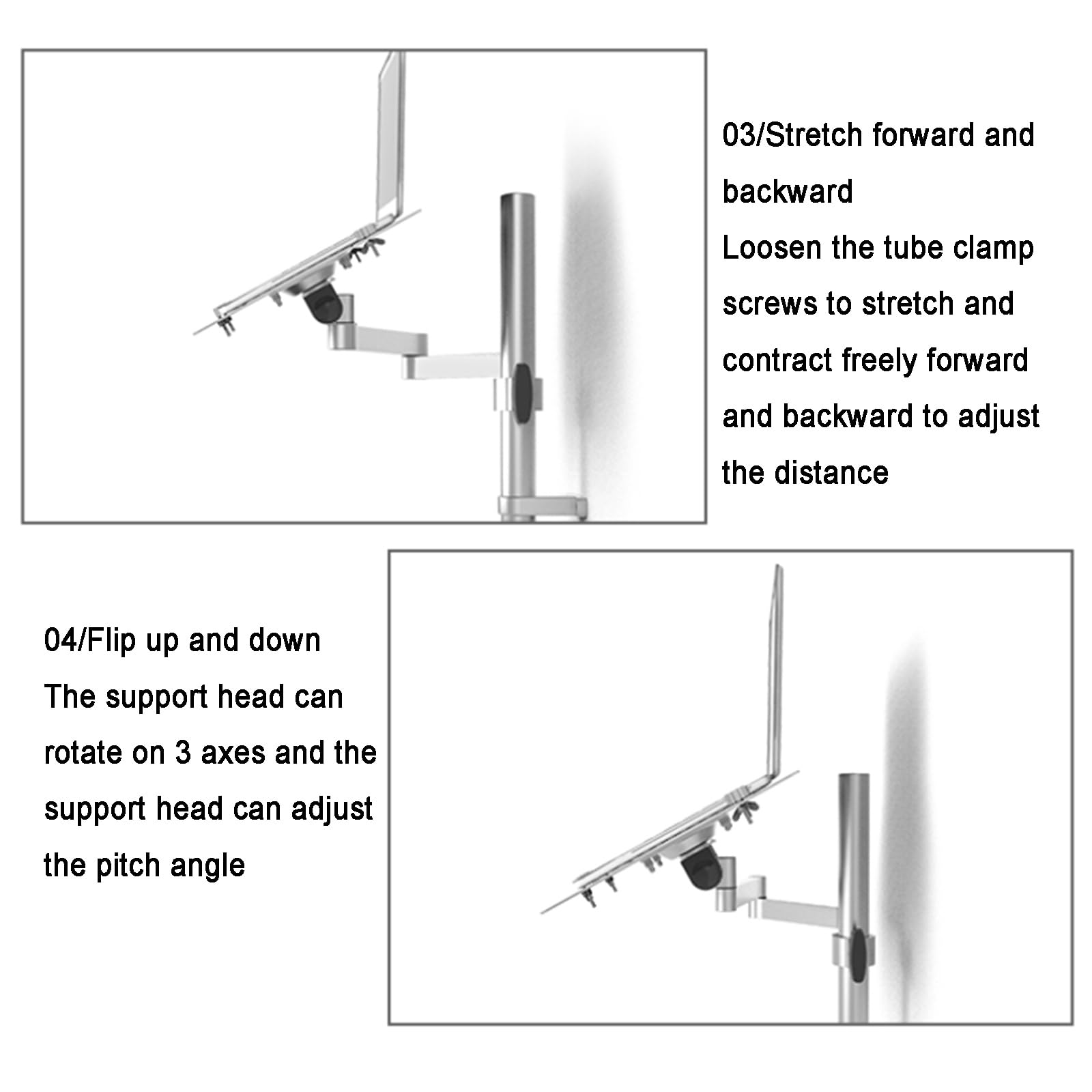 Soporte ajustable de movimiento completo para laptop con brazo extendido, capacidad de carga segura de 8 kg, se adapta a pantallas de 10 a 15.6 pulgadas para uso en oficina y estación de trabajo