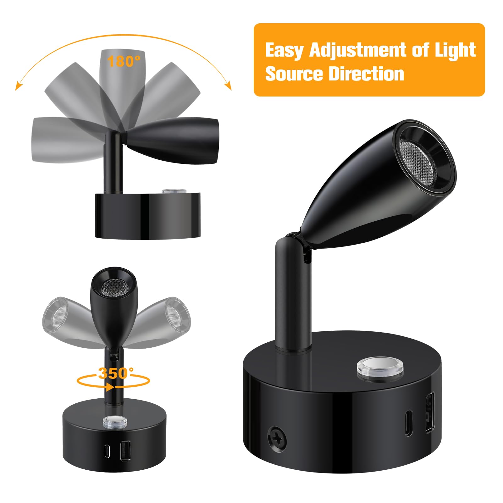 ERWEY Lampe de lecture LED 12V camping-car Touch Dimmable 3 modes de température de couleur, lampe murale avec connecteurs USB A+C, DC 12V-24V pour bateau voiture camper van yacht, Noir