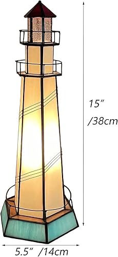 Miniatura 6 de Bieye L10871 Lighthouse Tiffany Style - Lámpara de mesa decorativa con vitrales, luz nocturna para decoración del hogar (5.5x5.5x15, azul)