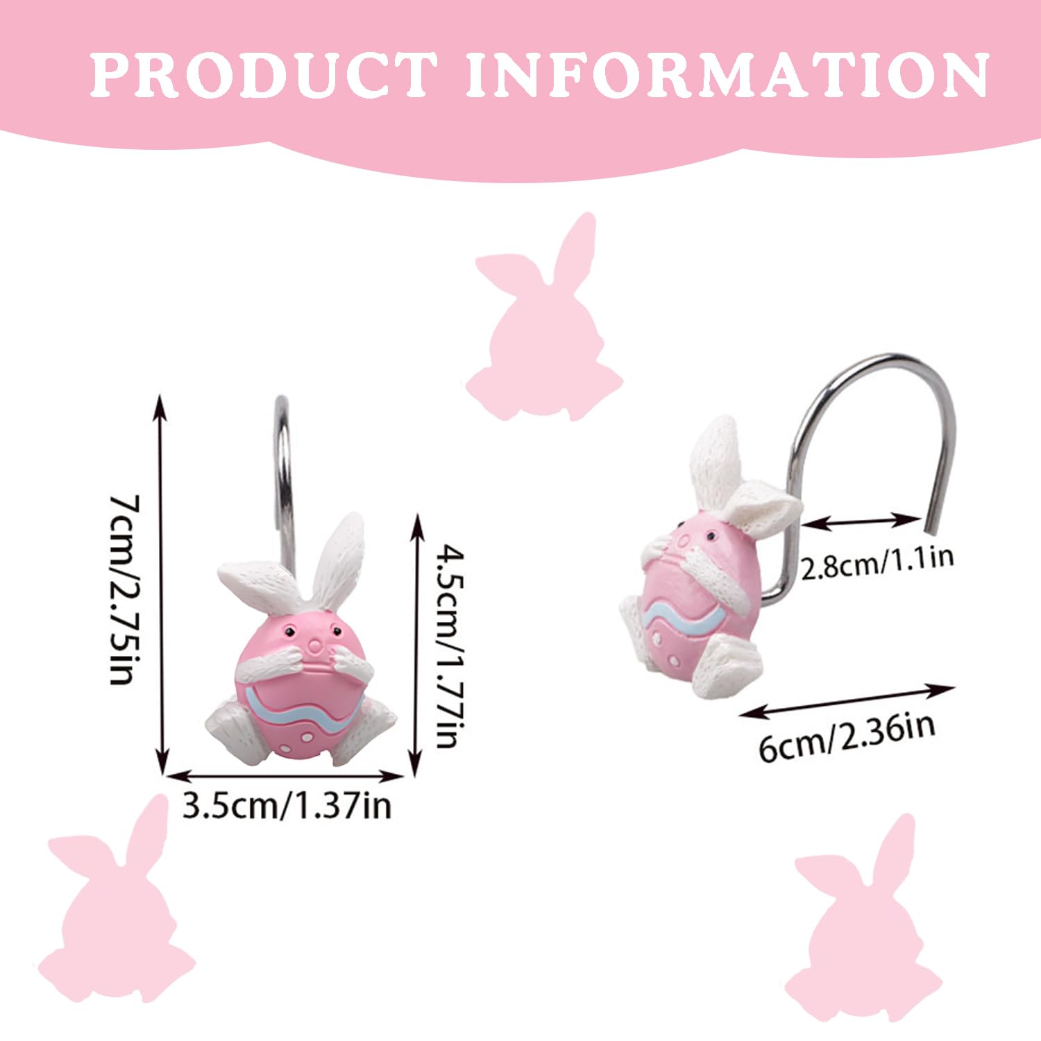 YRMLYMOP 12 PCS Rabbit Shower Curtain Hooks Pink Shower Curtain Hooks Rustproof Bathroom Decorative Shower Hooks Bathroom Room Pendants Decor Accessories Rabbit Bathroom Decor