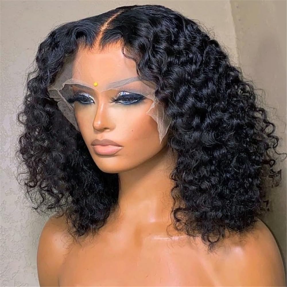 12A Full Hand Weaving Jerry Curly Bob Wig 13 * 4 Frontal Lace Wig Human Hair(10 inch), Natural black