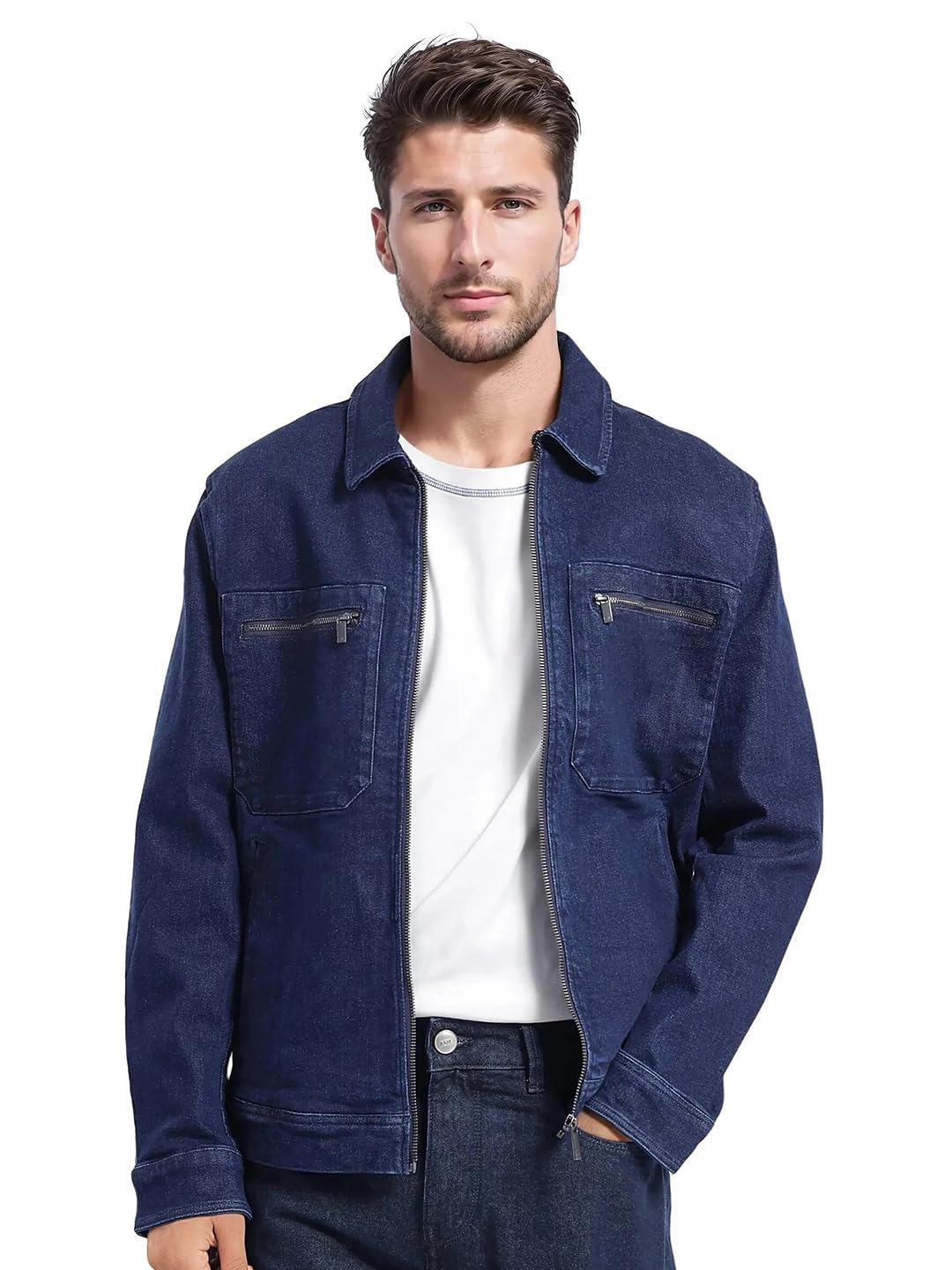 Rare Rabbit Men's Denner Dark Blue Cotton Plain Relaxed Fit Full Sleeve Spread Collar Jacket
