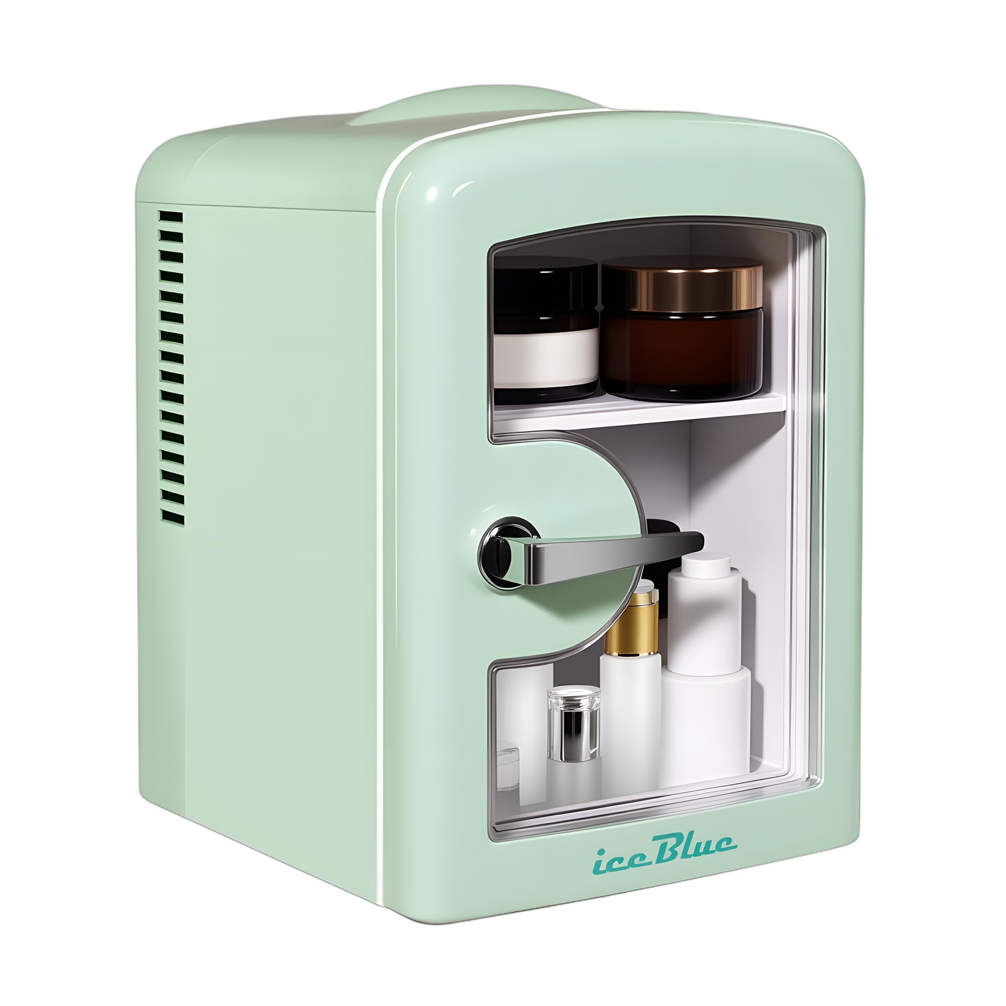 Iceblue Minineveras pequeñas con ventana de visualización, 4 l/6 latas para el cuidado de la piel, refrigeradores para belleza y bebidas, pequeño refrigerador para casa, coche, regalos, verde