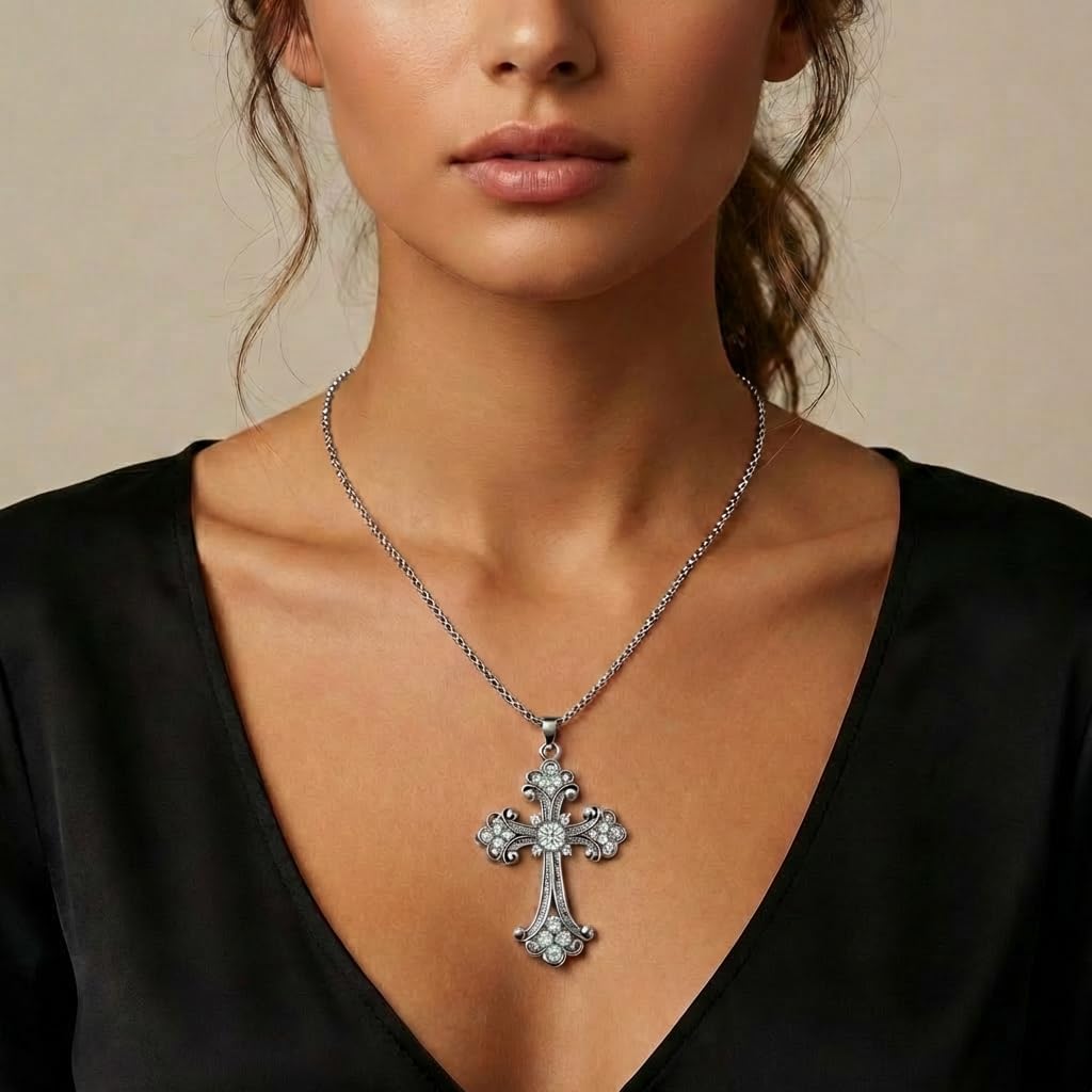 Chunky Gothic Cross Necklace for Women and Men | Large Silver Goth Punk Emo Grunge Pendant Necklace | Y2K Crystal Religious Jewelry for Her