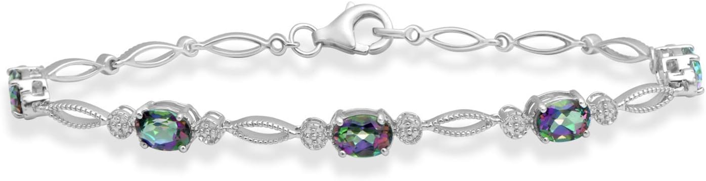 Jewelili Sterling Silver 7X5 MM Oval Shape Simulated Mystic Topaz Bracelet, 7.5"