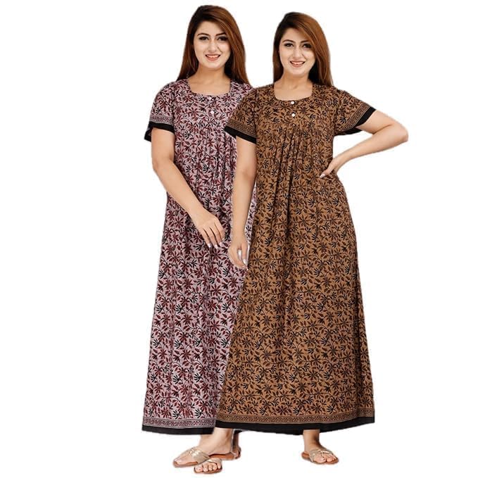 Image of NILOUFO Women's Cotton Printed Maxi Nighty - Pack of 2 | Soft Ankle-Length Sleepwear Gowns for Women | Free Size Night Dresses (Purple,Brown, Free Size)