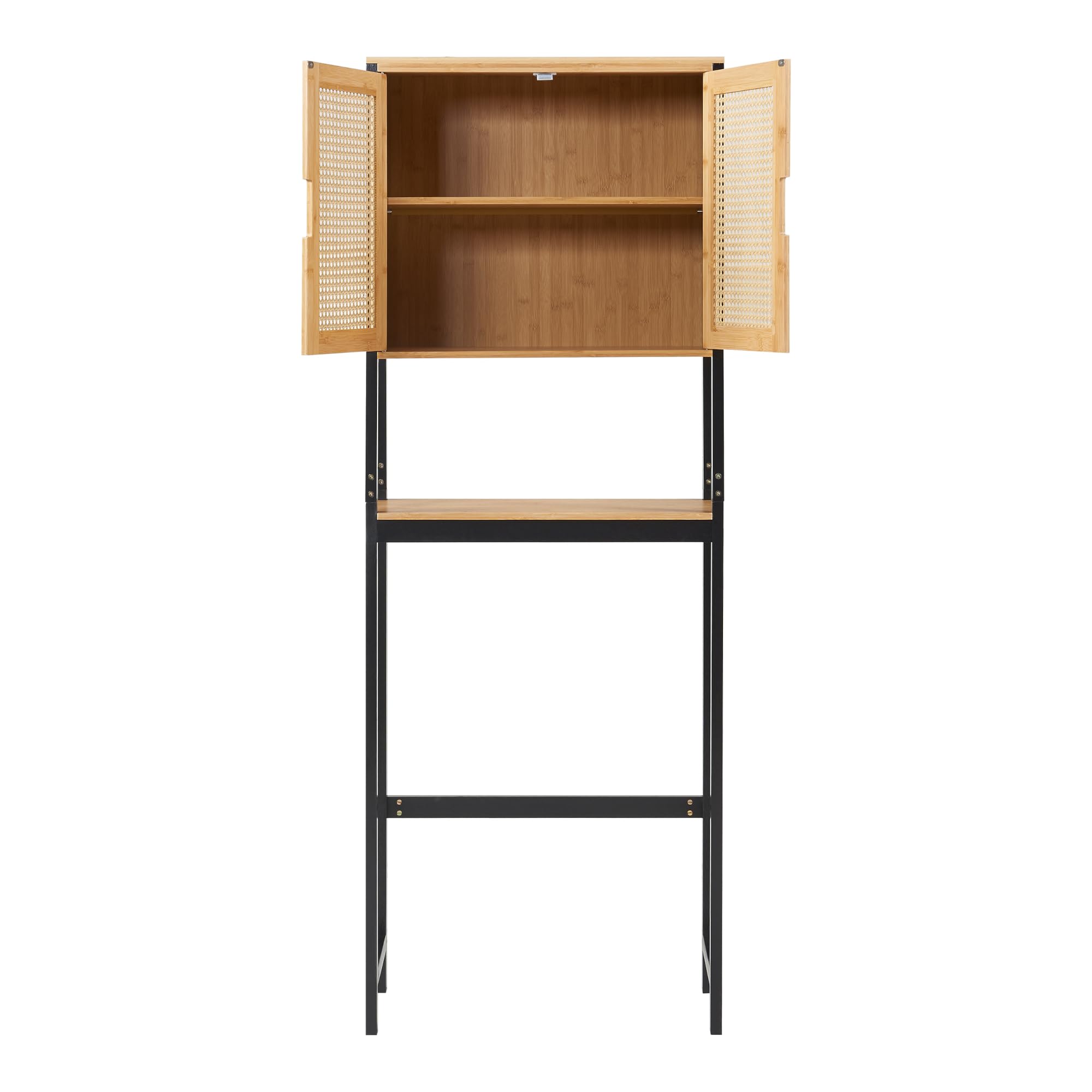 [en.casa] Toilettenregal Tervola Toilettenschrank Waschmaschinenschrank mit 2 Türen in Rattanoptik 172 x 63 x 27 cm Badregal Bambus Überbauschrank Schwarz und Naturfarben