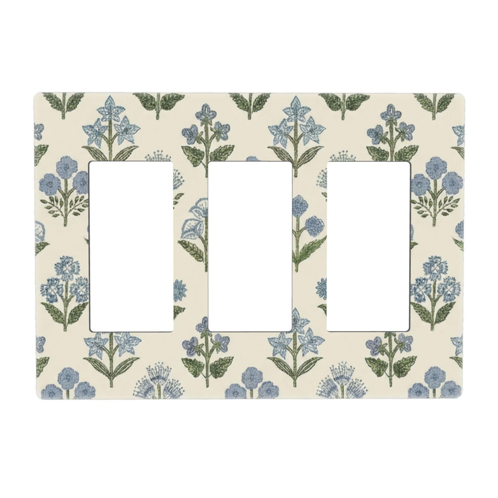 Beige Vintage Blue Floral Boho Flower 3 Gang Triple Rocker/Decorator Light Switch Wall Plate Cover Decorative GFCI Electrical Faceplate Switchplate Dimmer
