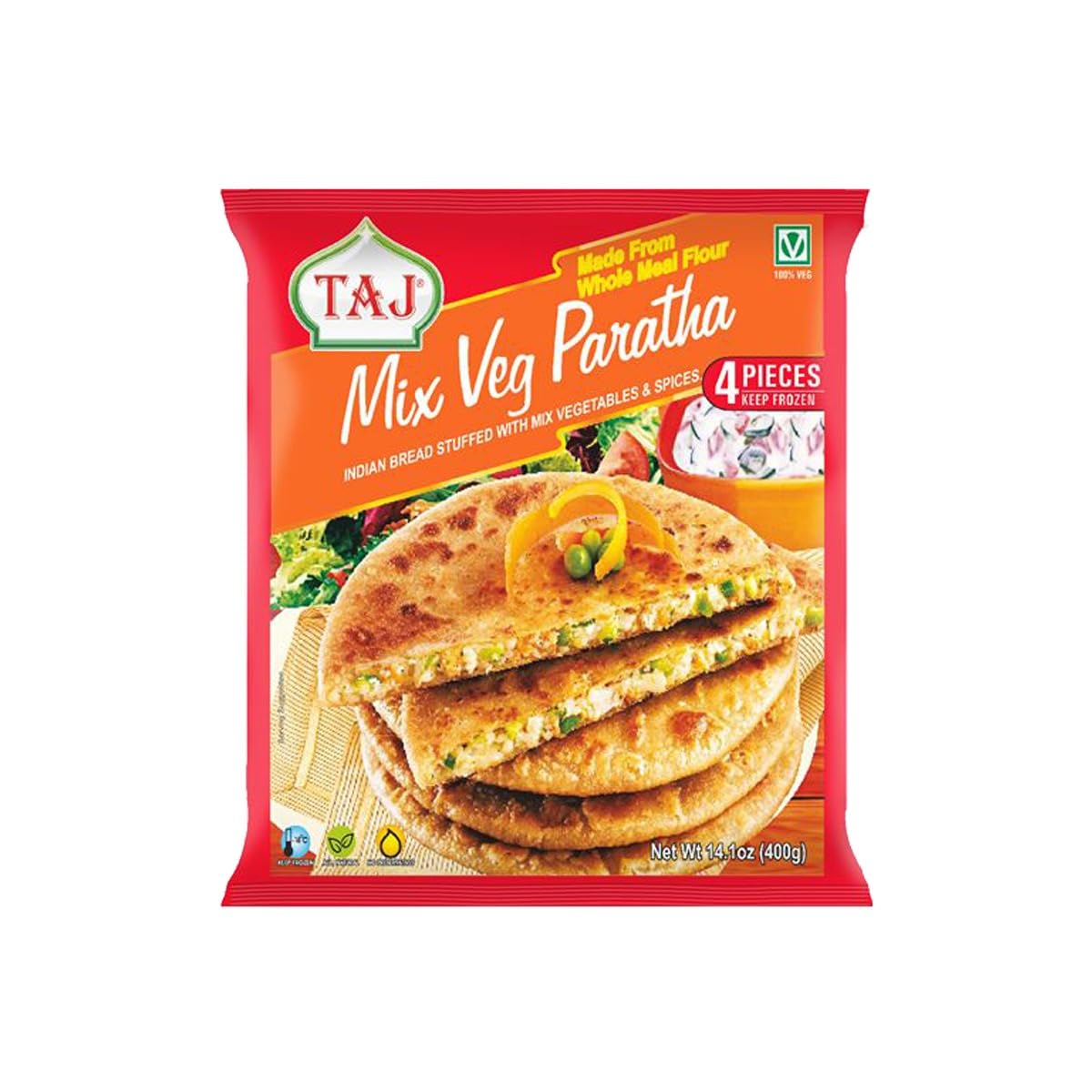 Taj Mix Veg paratha, 4Pieces, Made from whole Meal Flour, Indian bread stuffed with mix vegetables & spices, Traditional south asian flatbread, Suitable for Vegetarians, 400g (Pack of 1)