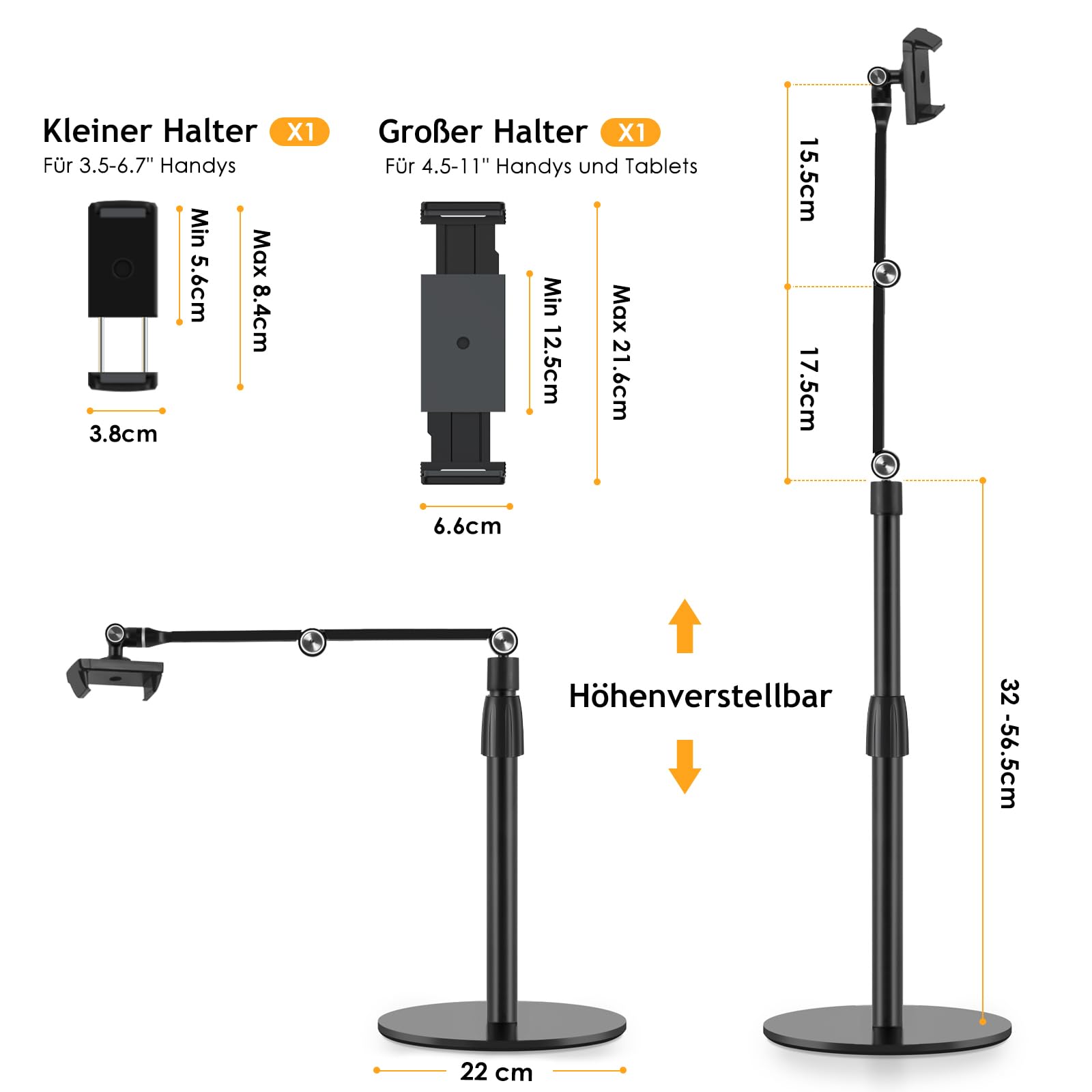 SupeDesk Supporto per cellulare, tablet e overhead per cellulare, compatibile con cellulare/tablet da 3,5 – 11", regolabile, registrazione, trasmissione live AP-4P, nero