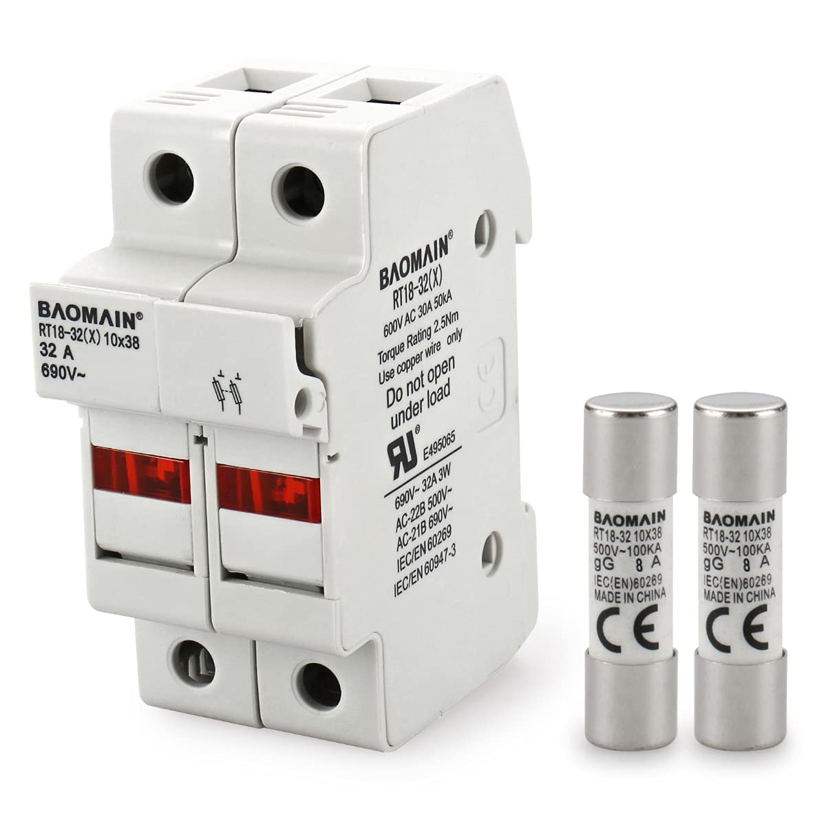 BaomainCylindrical Fuse Holder RT18-32(X) 10mm X 38mm Fuse Base 2 Poles DIN Rail Mount With 10 PCS of RO15 Fuse (8 Amp) CE Listed