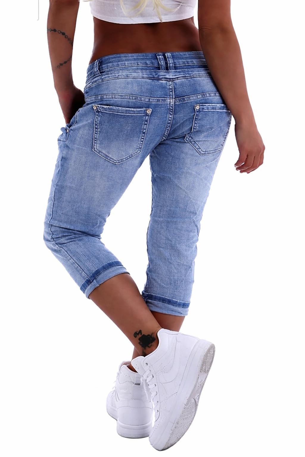 Mozzaar Damen Boyfriend Jeans Baggy Haremshose Caprihose Bermudas Kurz XS 34 S 36 M 38 L 40 XL 42