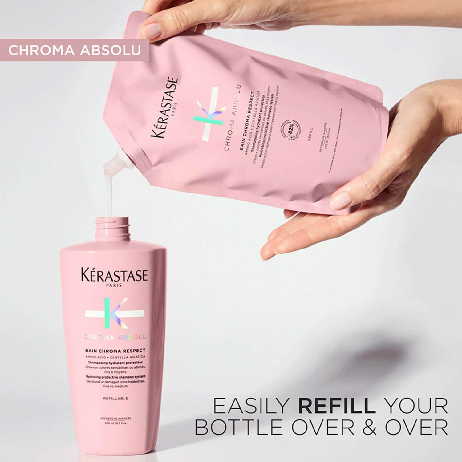 KÉRASTASE Chroma Absolu - Recharge Bain Chroma Respect - Shampoing Hydratant Protecteur Doux - Pour Cheveux Colorés Sensibilisés ou Abîmés Fins à Moyens - 500 ml