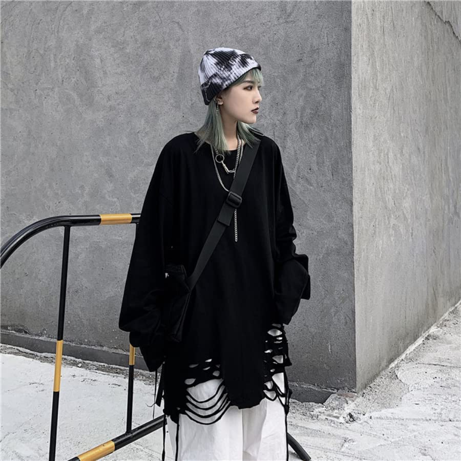 Women Men Y2K Gothic Sweatshirt Tshirt, Hole Grunge Punk Harajuku Aesthetic Alt Emo Loose Tops Streetwear Fall2