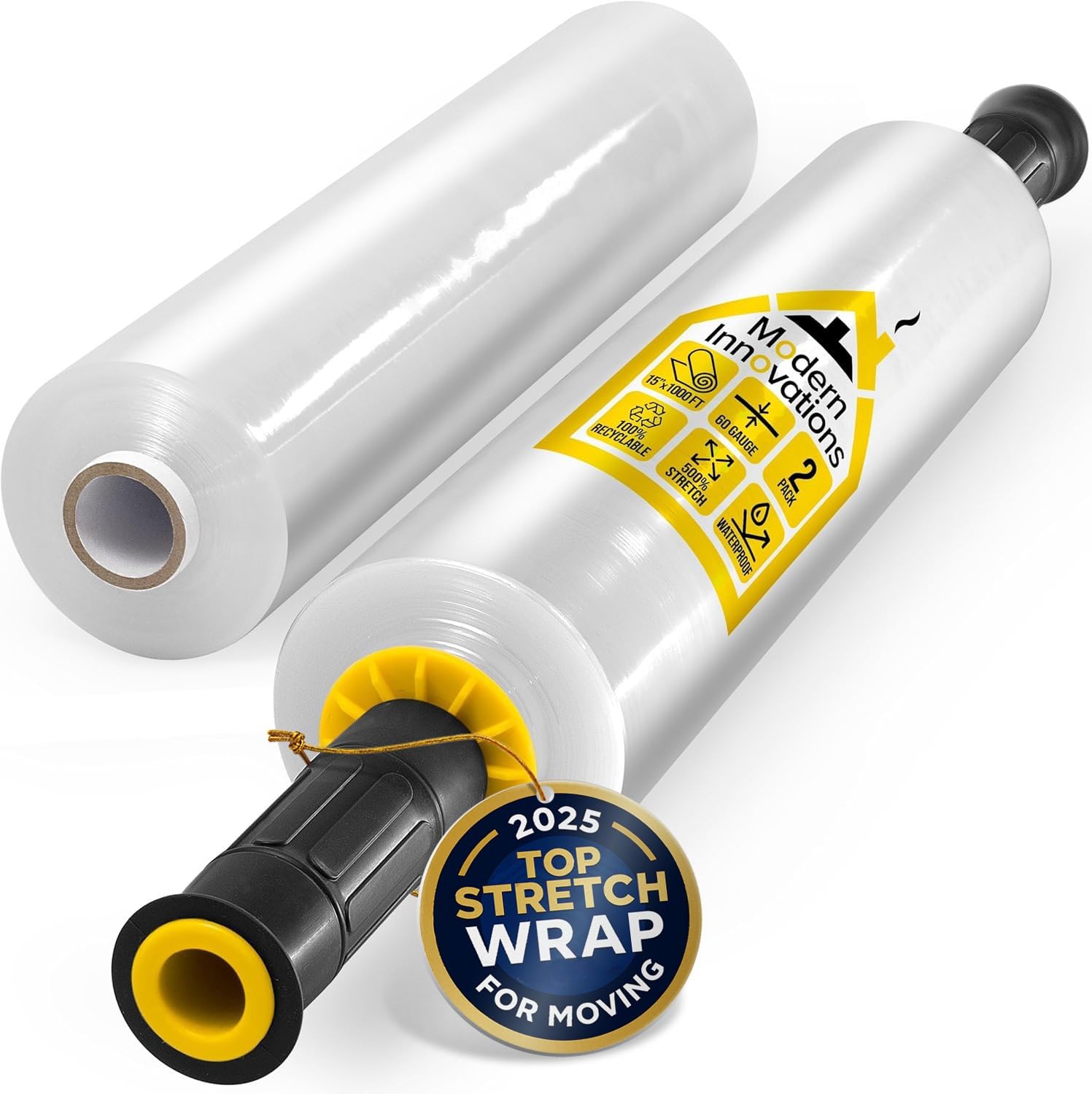 Modern Innovations 15 Inch Clear Stretch Wrap Roll with Handles (2 Rolls-2000 Feet) Heavy Duty Shrink Wrap for Moving, Packing Supplies for Wrapping Furniture, Industrial Plastic Pallet Cling