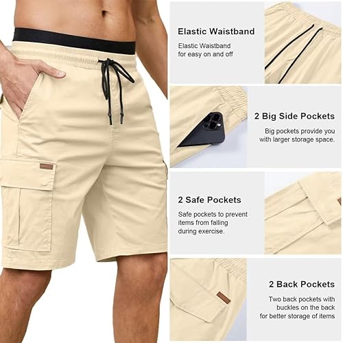 Miniatura 3 de Pantalones cortos cargo para hombre, cintura elástica, cordón elástico, pantalones cortos de golf al aire libre con 6 bolsillos