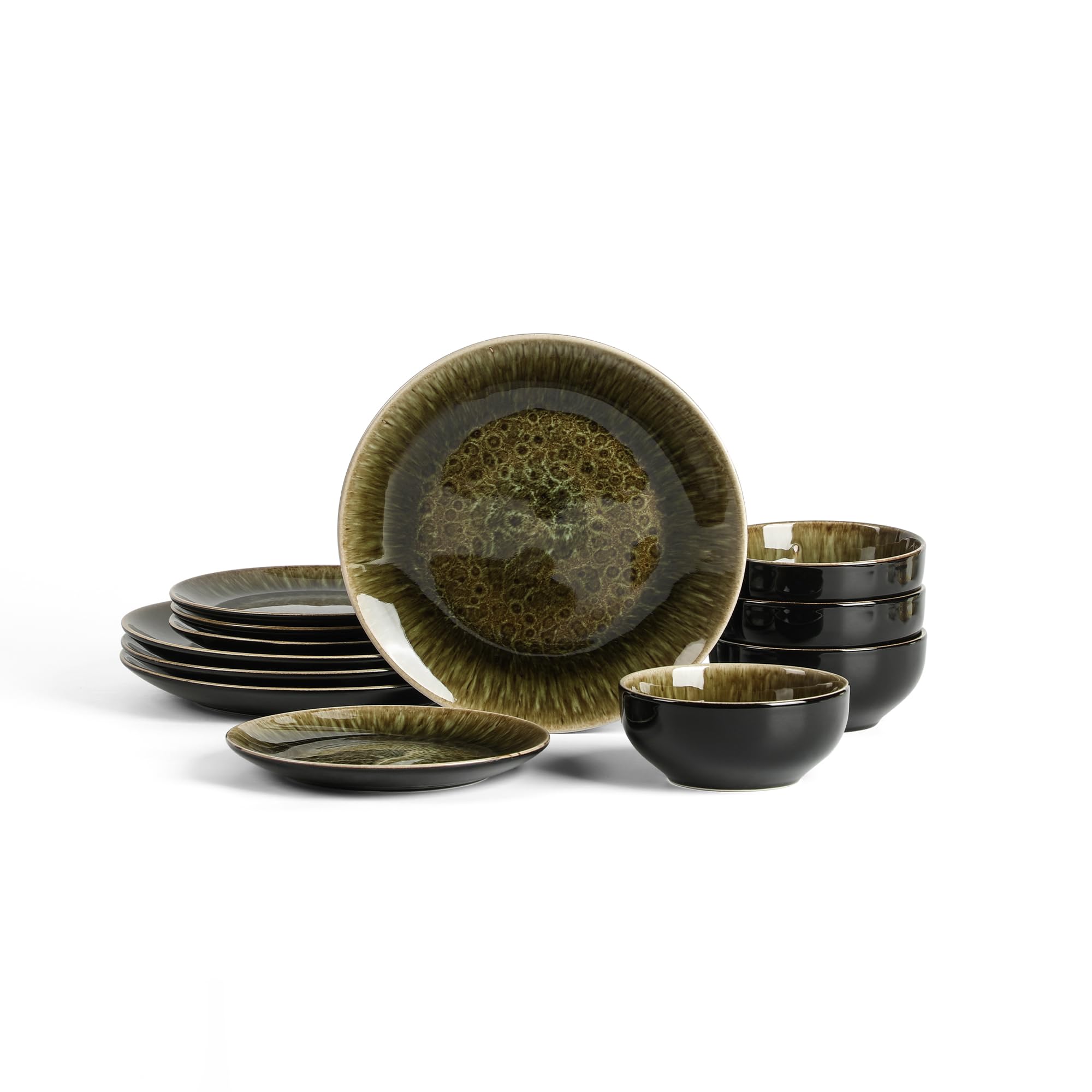 Stone Lain Riley 12-Piece Dinnerware Set Stoneware, Plates and Bowls Set, Dishwasher and Microwave Safe, Dish Set for 4, Black and Green