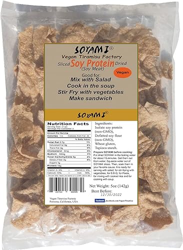 SOYAMI Proteína de soja (sustituto de la carne), seca. Instrucciones de cocción incluidas. Sabe como real. Vegano. (1 paquete)