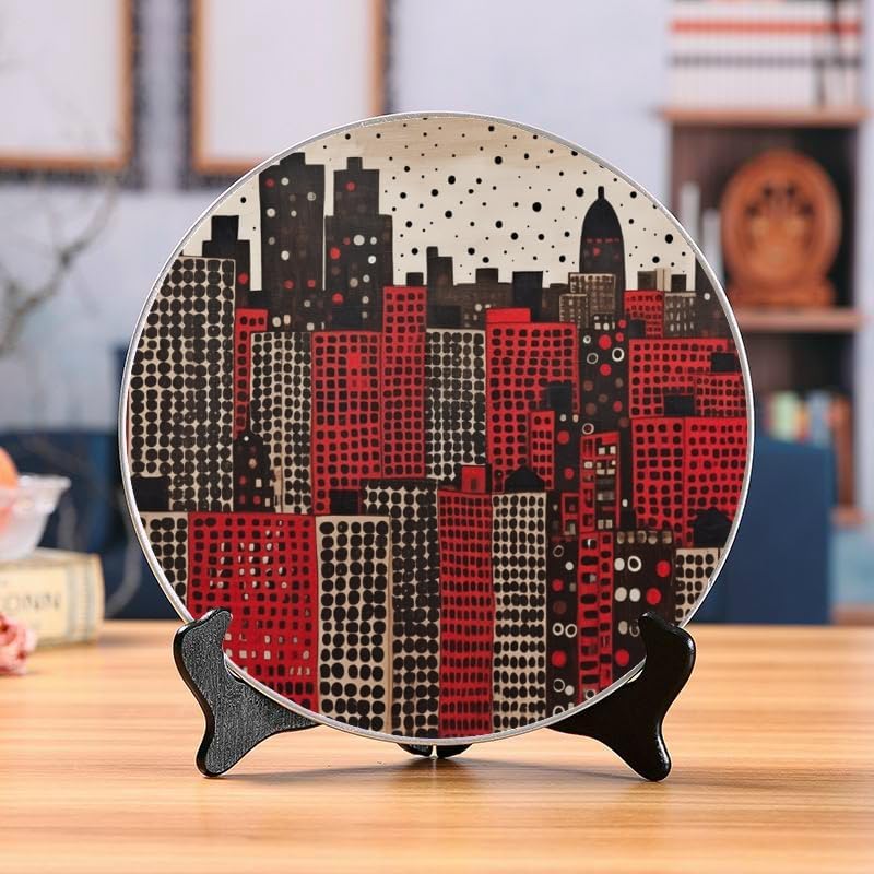 City Skyline 10-inch Ceramic Plate for Wall Display or Tabletop, with Stand & Hook DP-17063938