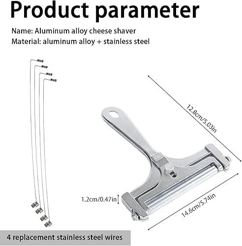 Miniatura 2 de Cortador de queso ajustable con 4 cables de repuesto adicionales, cortador de queso de aluminio resistente, fácil de reemplazar, rebanador de acero