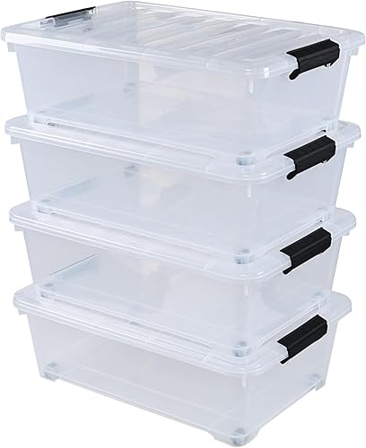 Paquete de 4 contenedores de almacenamiento transparentes de 20 L, caja de almacenamiento de plástico debajo de la cama con ruedas