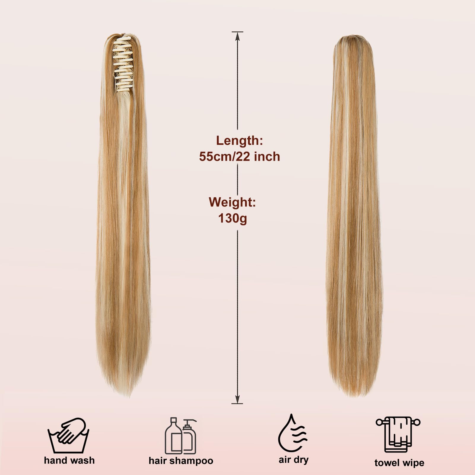 Dcbaboo 22inch Claw Clip in Ponytail Hair Extensions Long Straight Ponytail Extension Synthetic Pony tails Natural Wave One Piece Hairpiece Fake Ponytail for Women Dark Blonde/Bleach Blonde - Image 3