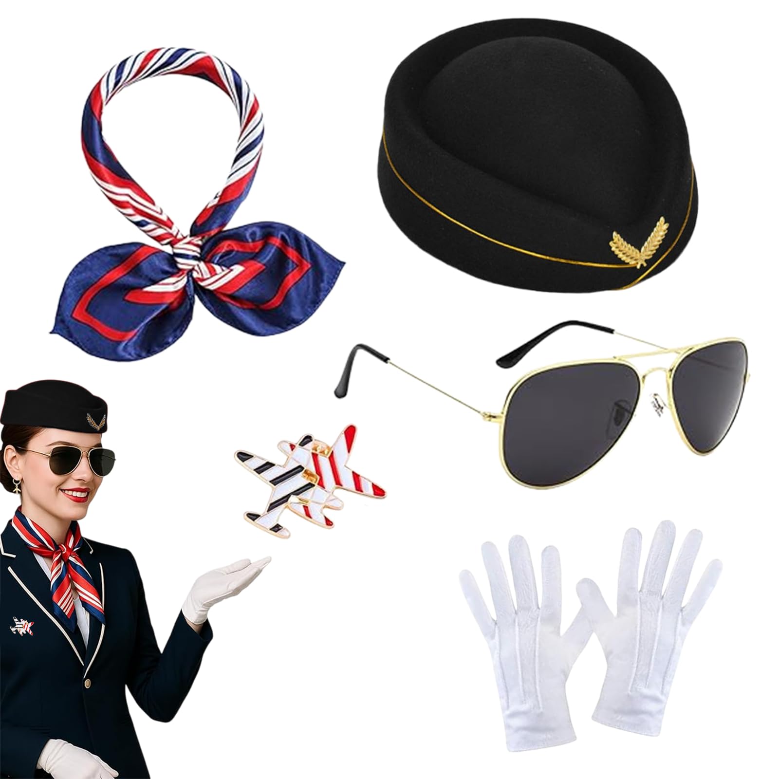 MUNSKT 5Pcs Flight Attendant Costume Accessories Set,Creative Airline Stewardess Dress Set with Scarves Stewardess Hat Gloves Sunglasses Brooch Carnival Fancy Dress Up Cosplay Outfit. (black) — image 1