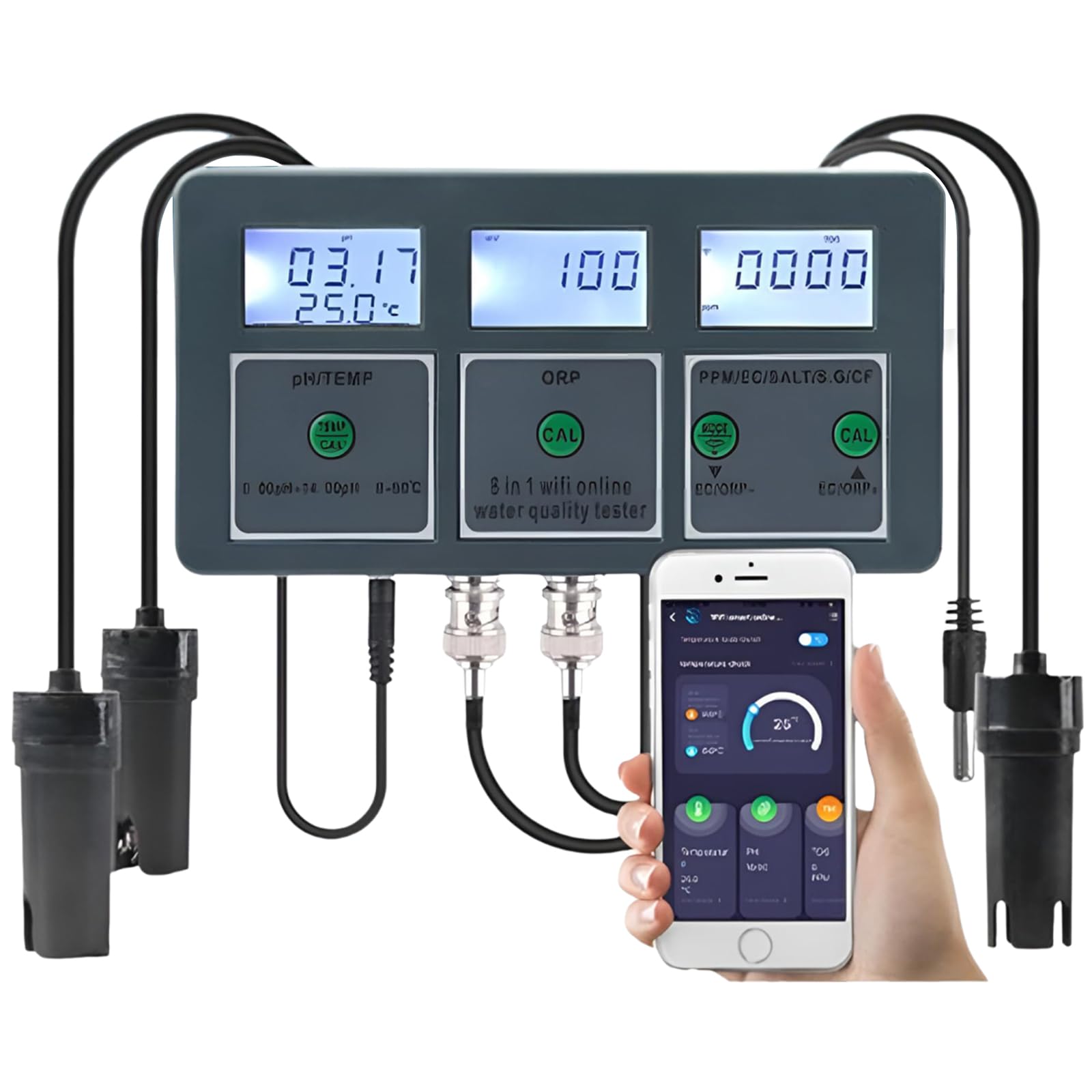 Tester digitale WiFi 8 in 1 per la qualità dell'acqua – PH, EC, TDS, ORP, SALE, S.G, TEMP, CF Meter per acquari, piscine, idroponica, spa
